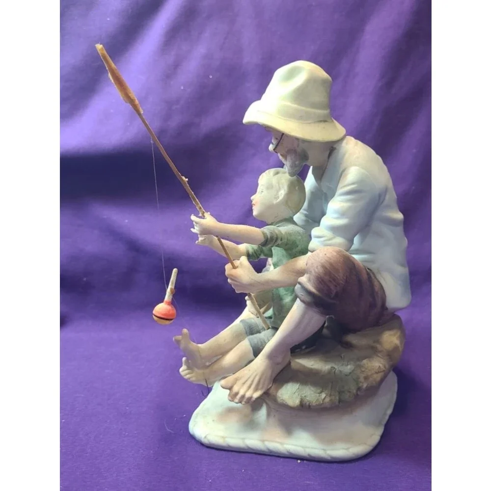 RARE VINTAGE BEAUTIFUL Lefton Little Boy Fishing With Grandpa #2807